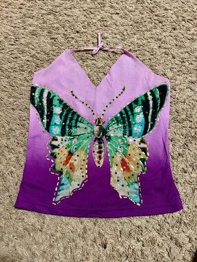 Express Purple Gradient Halter Top with Multicolor Butterfly